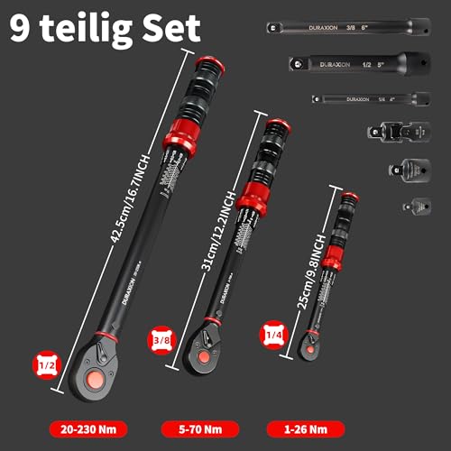 DURAXION 9-piece torque wrench set 1/2 inch, 3/8 inch, 1/4 inch, ±3% error accuracy, 72 teeth, small torque wrench 20-230 Nm, 5-70 Nm, 1-26 Nm, for tyre change, car, bicycle, motorcycle, truck, NKW