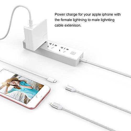 EMATETEK Braided Extension Connector Cable Female to Male Pass Video Audio Music Photo Data and Charge. 1PCS 3.3Feet Male to Female Extender Cord Made of Sliver Aluminum & White Braided.
