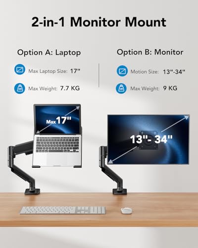 HUANUO 2 in 1 Function Laptop Mount with Tray, Fits 13"-34″ Monitors & Up to 17″ Notebook, Ergonomic Laptop Arm with Full Motion Adjustment, Pre-assembled for Easy Setup, VESA 75x75mm/100x100mm