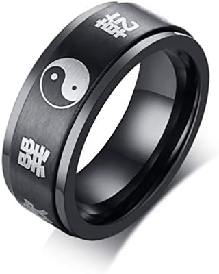 EZSONA Men's 8MM Stainless Steel Yin Yang Spinner Ring Taoism Ba Gua Eight Trigrams Signet Band