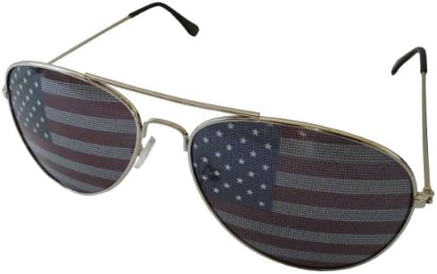 Classic Rounded Aviators Style Inspired Sunglass with American Flag Print - Silver Frame