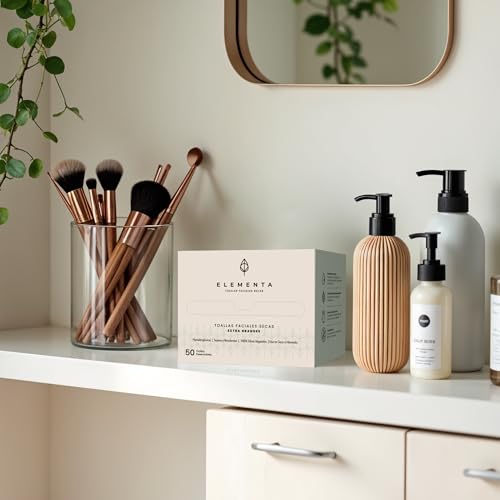 Elementa Toallas Faciales Secas Extra Grandes Desechables (Rostro Limpio y Sin Bacterias), Hipoalergénicas, 100% Biodegradables | Toallitas Desmaquillantes, Skin Care | 1 Paquete con 50 Toallitas.