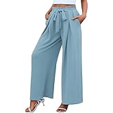Women's High Waist Wide Leg Long Palazzo Pants Front Knot Tie Elastic Trousers with Pockets Lounge Business Work Pants