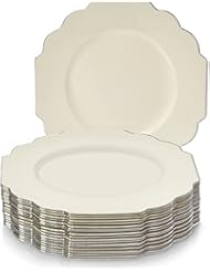 20 Premium Reusable Plastic Dinner Plates | Baroque - Ivory | 10.75