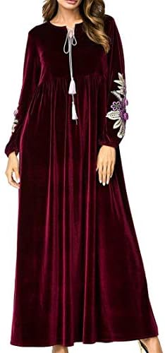 Pandapang Womens Muslim Velour Smocked Abaya Long Sleeve Saudi Arabia Swing Maxi Dress