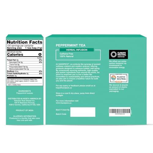 HANDPICK, Peppermint Tea Bags (100 Herbal Tea Bags) Caffeine Free, Non-GMO | 100% Halal Certified | Minty, Fresh & Cool flavor | Premium Round Eco Conscious Tea Bags