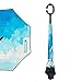 LifeHax Double Layer Inverted/Reverse Folding Umbrella | Windproof, Waterproof, UV Protection | C-Shaped Hands Free Handle | Carrying Case | Self Standing Inside Out Drip Free (Blue Cloud)