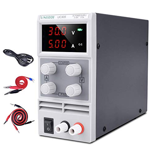 UNIROI DC Power Supply Variable, 0-30V/0-5A Output Adjustable Switching Regulated Power Supply with 3-Digit LED Display, Alligator Clip Leads (Banana Plug and Spade Connector), Input Power Cord UC305