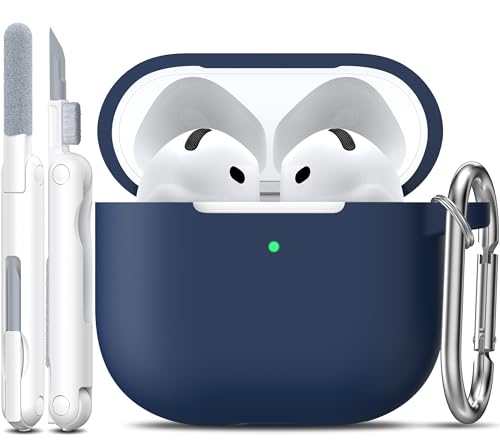 R-Fun Kompatibel Mit Airpods 4 Hülle Mit Reinigungsset, Weiche Silikonhülle Mit Schlüsselanhänger, Kompatibel Mit Apple Latest Airpods 4Th, Mitternachtsblau