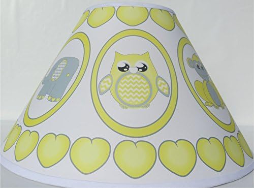 Grey and Yellow Baby Safari Lamp Shade with Elephants, Owl, Zebra, Giraffe, Hippo, Lion and Monkey Nursery Decor