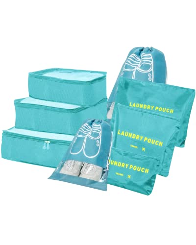 BillyBath Set di organizer per valigie, 8 in 1, organizer da viaggio, per vestiti, scarpe, cosmetici, colore azzurro