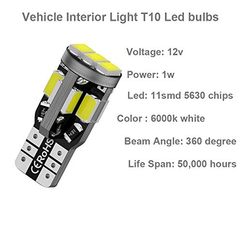 12v T10 194 Led Bulbs, 168 Led Bulbs, Bright 6500K 11SMD 5630 Chipset 2825 W5W Interior Light Led Bulbs for Vehicle Car Truck Dome Light Map Light Door Courtesy Light License Plate Light, Pack of 10