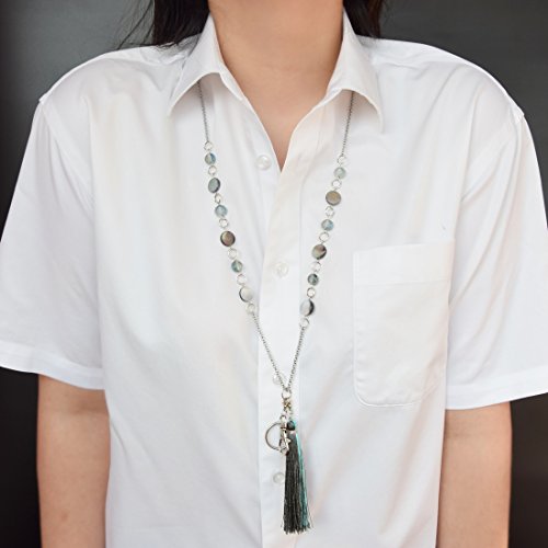 Crimmy - Women's Fashion Lanyards with ID Holder - 34'' Stainless Steel Chain Beaded ID Badge - Stronger Jewelry Lanyards with Convertable Tassle and ID Hook (quartz)