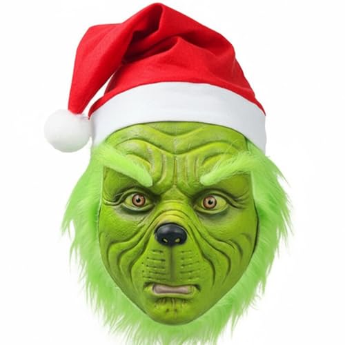 casapre GreenMonster Mask with Santa Hat, Green Christmas Character Costume Accessory for Adults