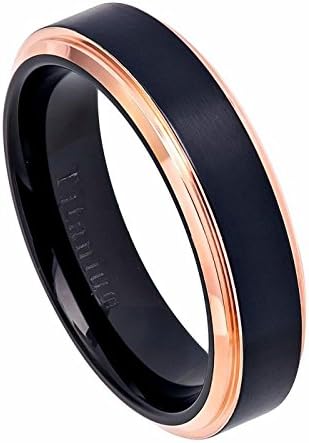 Womens Black IP Titanium Wedding Band 6mm Rose Gold IP Side Brushed Center Stepped Edge Size 7
