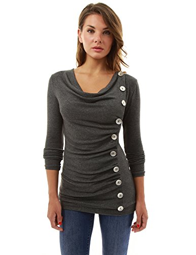 PattyBoutik Women's Cowl Neck Button Embellished Top (Heather Gray M)