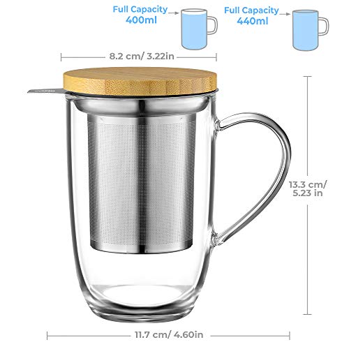 ecooe 440 ml Glas Teetasse Borosilikat Teebecher Teeglas mit Ultrafein 18/8 Edelstahlsieb Natürlicher Bambus Deckle Verdickter für Kaffee Saft Kohlensäurehaltige Getränke Milch Joghurt – Bild 3