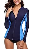 Sociala Women's Zip Front Long Sleeve Rashguard Swimsuit Top UPF 50+ Swim Shirt