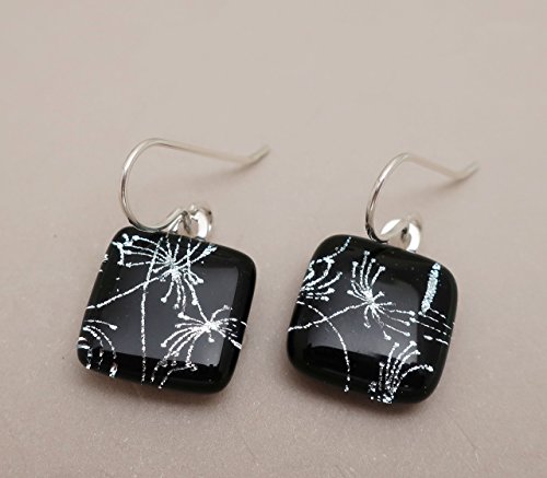 Petite fireworks sparklers silver black fused dichroic glass dangle earrings .925 Sterling ear wires - Thumbnail 3