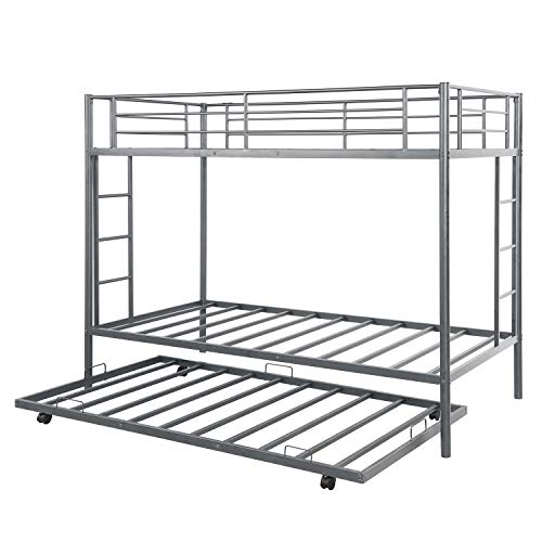 Twin Over Twin Metal Bunk Bed with Trundle, Rockjame Space Saving Design Sleeping Bedroom Bed Frame with 2 Ladders and Safety Rail for Boys, Girls, Kids, Young Teens and Adults (Sliver)