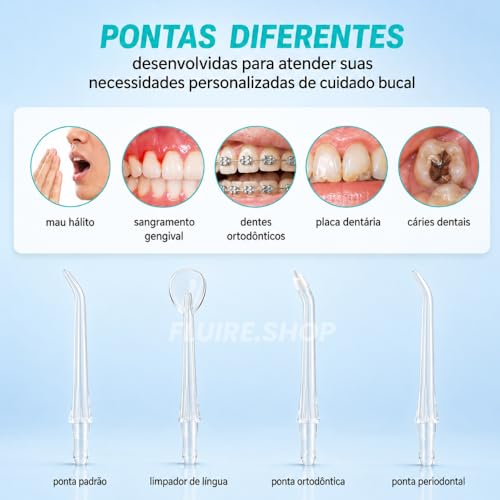 Irrigador Oral & Bucal Portátil Recarregável -Tanque 300ml - Limpeza Profunda com 4 Níveis de Pressão, 4 Ponteiras, À Prova d’Água - Jato Dental Ideal para Aparelhos Ortodônticos, Implantes e Gengivas