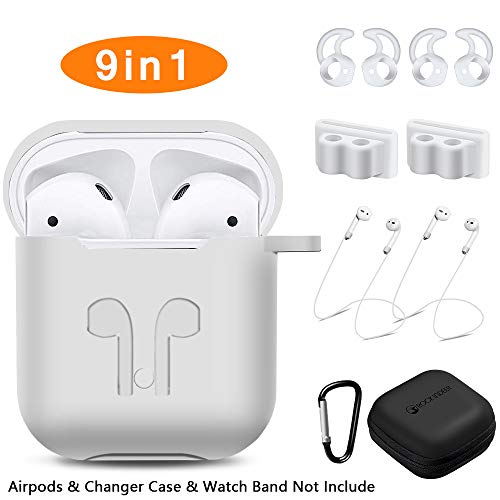 AirPods Case, Rockindeer 9 in 1 AirPods Accessories Set Protective Silicone Cover and Skin Compatible Apple AirPods Charging Case with Watch Band Holder/Ear Hook/Keychain/Strap/Carrying Box (White)