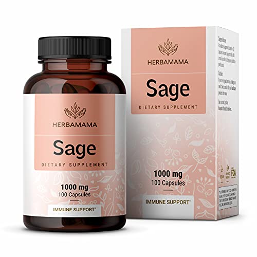HERBAMAMA Sage Capsules 1000mg, 100 Capsules Organic Salvia Officinalis Nutritional