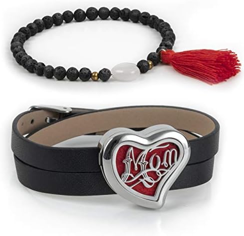 Divass Essential Oil Diffuser Bracelet,Mom Stainless Steel Aromatherapy Locket Genuine Leather Band And Chakra Bracelet With 8 Color Pads Women Jewelry Gift Set
