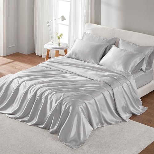Madison Park Essentials Satin Sheet Set Luxury and Silky with Natural Sheen, Elastic 14 Pocket fits up to 16 Mattress, All Around Elastic - Year-Round Bedding, Full, Light Grey, 6 Piece