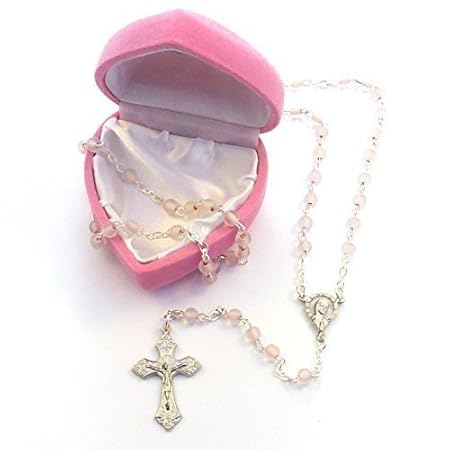 My 1st rosary childs girl pink glass small rosary beads + box fab Communion gift by C BC
