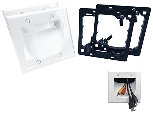 KCC Industries 2-Gang Recessed Low Voltage Cable Plate with Mounting Bracket +UL/CSA Listed Safe+ (2-Pack, White)