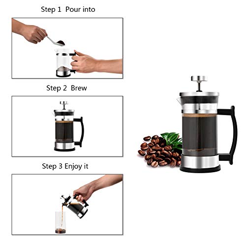 French Press Coffee Maker, Stainless Steel and Borosilicate Glass Plunger,12 Ounce,1.5 Cups,Silver