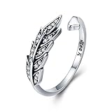 925 Sterling Silver Retro Feather Wings Adjustable Finger Ring for Women Jewelry Gift