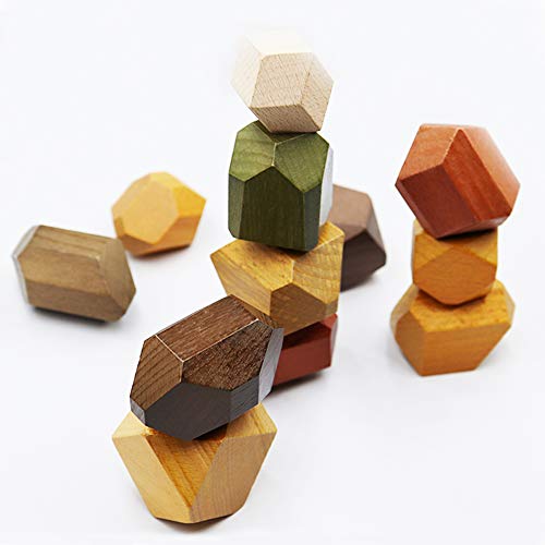 Natural Wooden Blocks Colored Wooden Stones Stacking Game Educational Puzzle Preschool Toy (Large Size (12PCS))