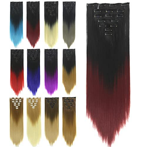 IMISSU 24 Inch 7PCS Set Long Straight Clip in Hair Extensions Ombre Color Full Head Hair Extension Hairpiece for Women 120g (Ombre Burgundy)
