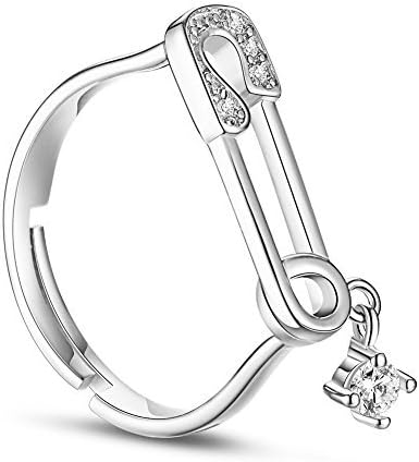 Sweetiee Jewelry 925 Sterling Silver Unique Safety Pin Lock with Cubic Zirconia Charm Stackable Expandable Ring, Silver
