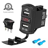 12V/24V USB Charger Socket Rocker Switch Dual USB Car Power Outlet with Red LED Voltmeter Marine Cigarette Lighter Adapter Waterproof 4.2A Fast Charge for Boat Motorcycle ATV RV Truck