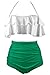 COCOSHIP Creamy White & Green Solids Retro Boho Flounce Falbala High Waist Bikini Set Chic Swimsuit Swimwear XXL(FBA)