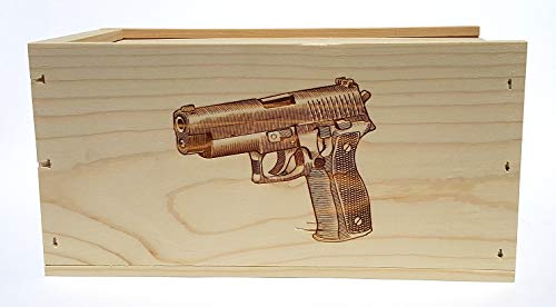 Wooden Ammo Crate - Slide Top Box with Etched Pistol Art 11x6x5.5 - Thumbnail 2