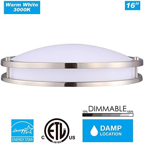 Cloudy Bay DCO1623830BN 16-inch 3000K Warm White Dimmable 23W 1610lm LED Flush Mount Ceiling Light -180W Incandescent Equivalent, ETL Energy Star LED Saturn Flush Mount , Brush Nickel