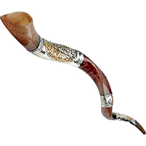 Decorative Kosher Polished Kudu Horn Shofar with Sterling Silver Plates with an image of Jerusalem and Menorah