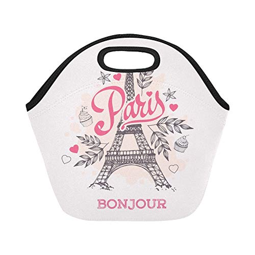 Insulated Neoprene Lunch Bag Eiffel Tower Parisian Symbol Hand Drawn Large Size Reusable Thermal Thick Lunch Tote Bags For Lunch Boxes For Outdoors,work, Office, School