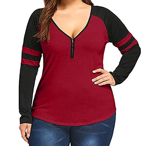 Realdo Womens Deep V Neck T-Shirt,Sexy Plus Size Contrast Color Pullover Tops Shirt(X-Large,Red) - Thumbnail 7