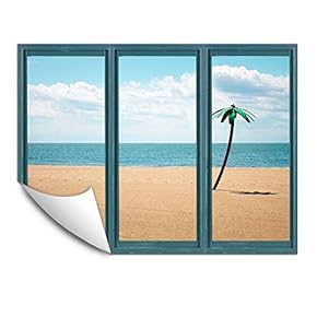 Wall Murals for Bedroom Fake Window Beach Blue Window Removable Wallpaper Peel and Stick Wall Stickers - 24x32 inches