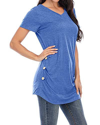 CIZITZZ Women\'s Short Sleeve V Neck T Shirts Tunic Tops Loose Fit Blue XXL