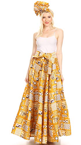 Sakkas 19417 - Ami Women's Maxi Long African Ankara Print Skirt Pockets & Elastic Waist - 132-GoldMulti - OS