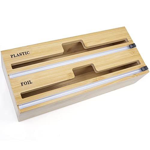 BEJICAN Bamboo Foil and Plastic Wrap Dispenser,with Cutter and Labels