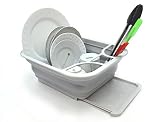 SAMMART Collapsible Dish Drainer with Drainer Board - Foldable Drying Rack Set - Portable Dinnerware Organizer - Space Saving Kitchen Storage Tray (1, Grey)
