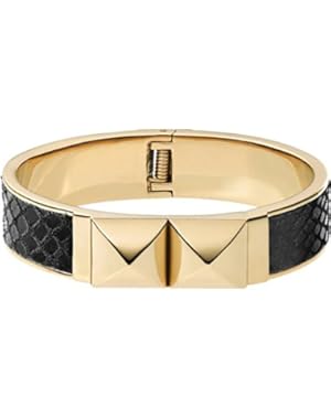 MKJ2889 Women's Python Embossed Black Leather & Gold Tone Stainless Steel Bracelet Jewelry
