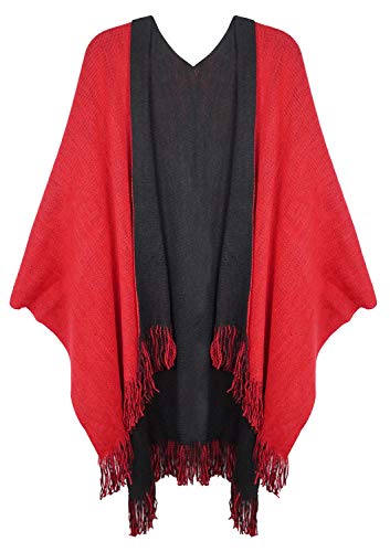Lovful Women Winter Warm Faux Cashmere Poncho Capes Scarf Shawl Cardigans Sweater Coat,BlackRed